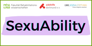Fakultätslogo, Logo der aidshilfe dortmund und Logo der LWL Sozialstiftung. Darunter der Titel SexuAbility vor lilanem Banner.